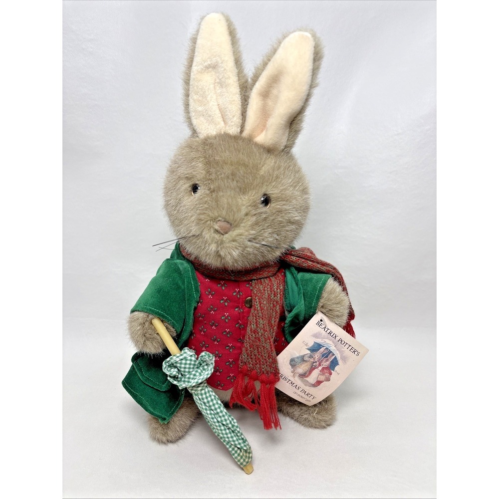 Vtg Eden Beatrix Potter's Christmas Party Plush Bunny Umbrella The Happy Pair